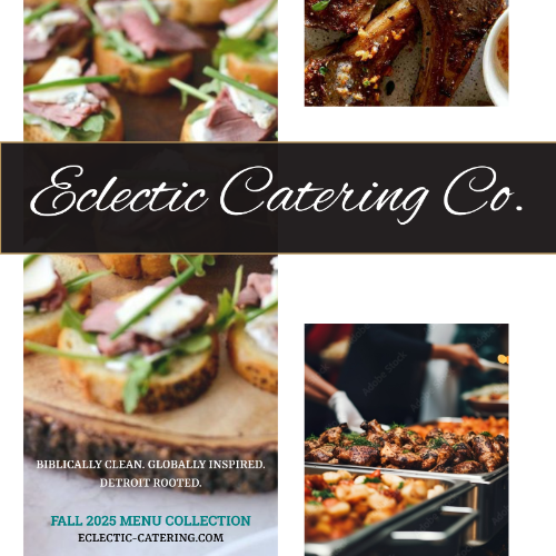 Collage of food images with 'Eclectic Catering Co.' branding and text about their fall 2025 menu collection.