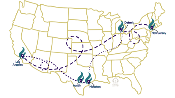 Map of the United States with dashed lines and markers indicating travel routes.